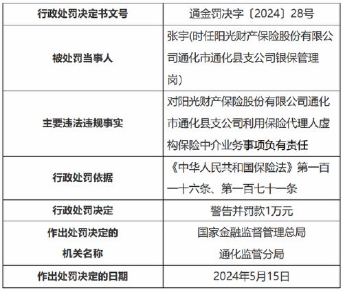 陽光產險通化市通化縣支公司被罰7萬元 利用保險代理人虛構保險中介業務